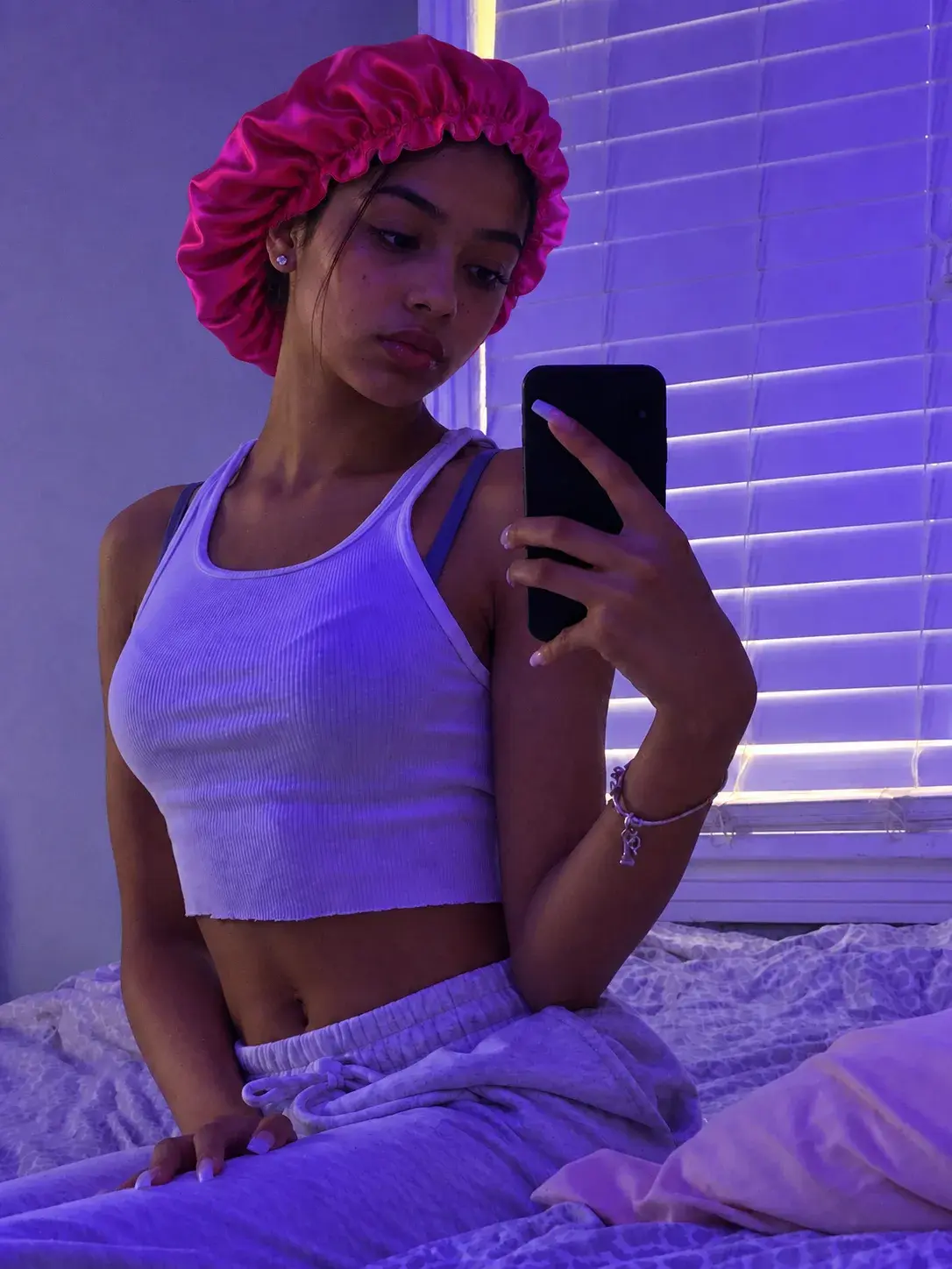 Hot Pink satin bonnet, evening selfie